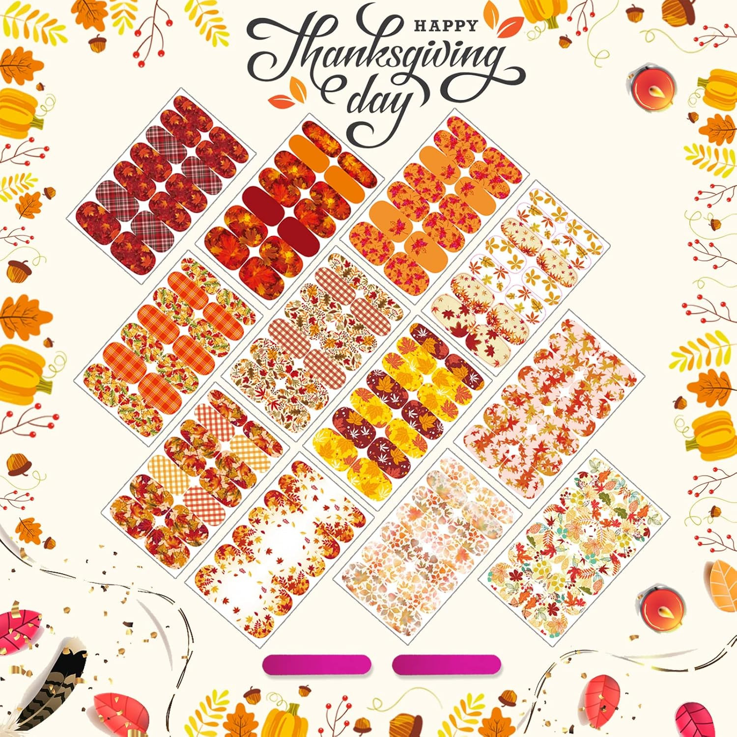 12 Sheets Fall Nail Wraps Stickers DIY Maple Leaf Nail Art + 2 Nail Files