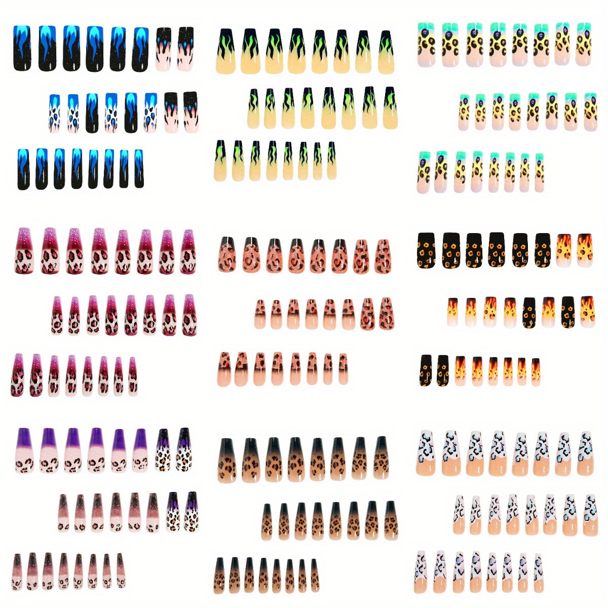 216pcs Bold Leopard Flame Press On Nails Neon Color Long Fake Nails for Party