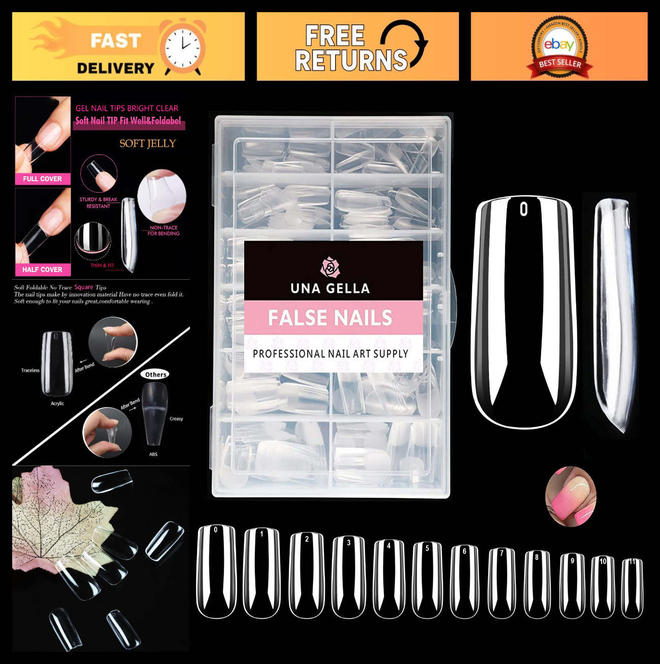 Medium Square Nail Tips 504pcs – Full Cover Acrylic Clear Fake Nails, 12 Sizes f