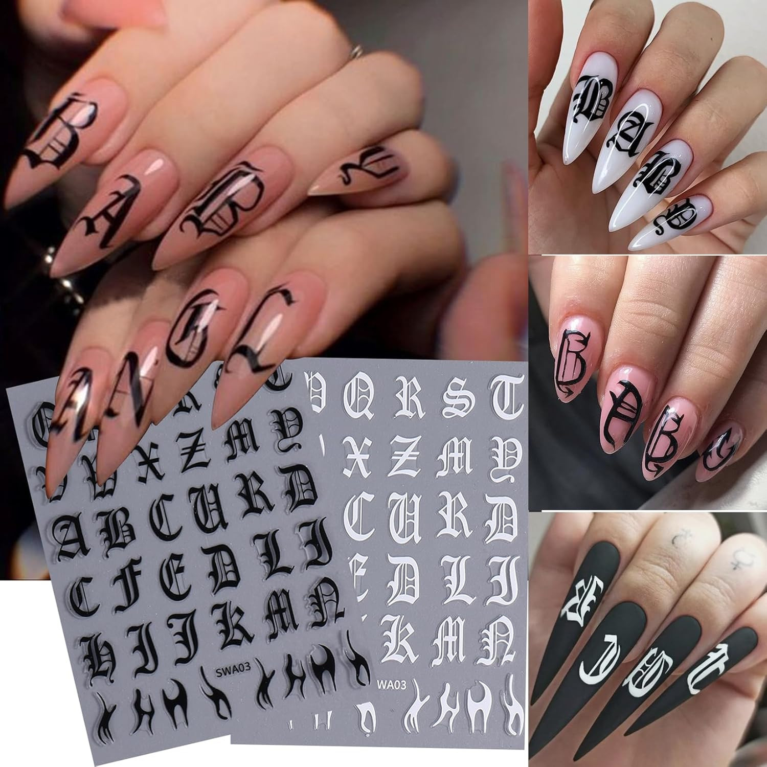 Letters Nail Art Stickers Decals 12 Sheets Alphabet Initial Nail Decals 3D Self-