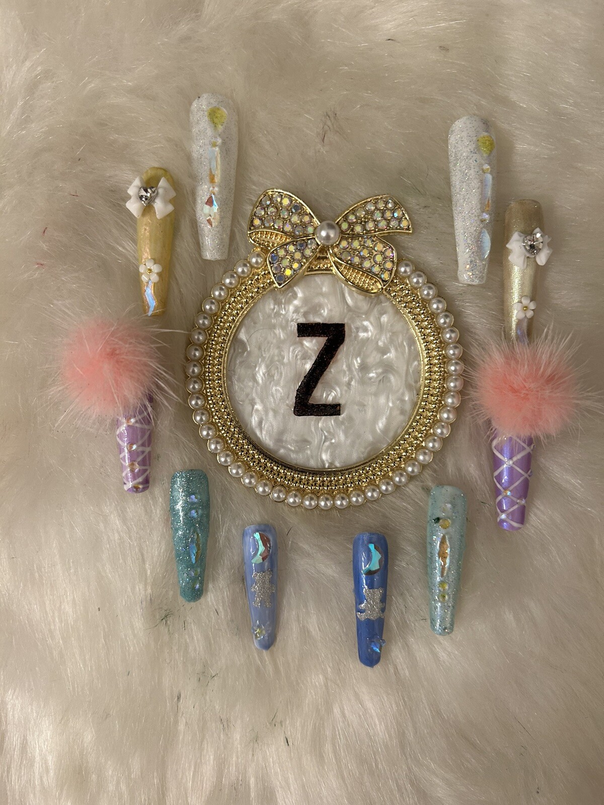 Z NAILZ! Fun Set Of 10 2XL Ballerina Multicolored Pastel W/Bling Press On Nails