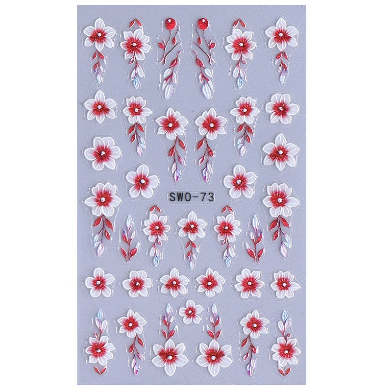 5D Red Pink Flower Camellia Nail Stickers Geometric Floral Butterfly Daisy Decal