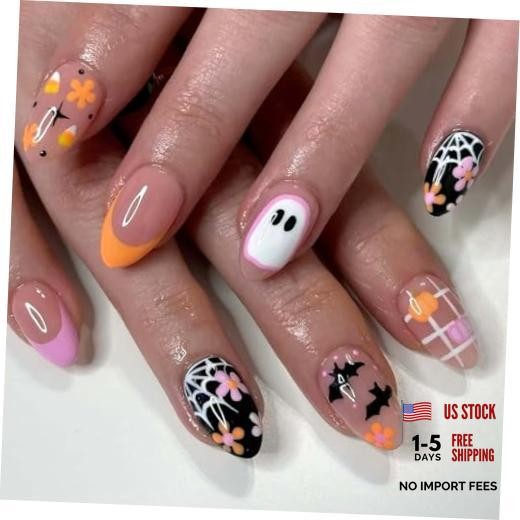 Halloween Press on Nails Short Almond Fake Nails Spooky and Style-A Style-6