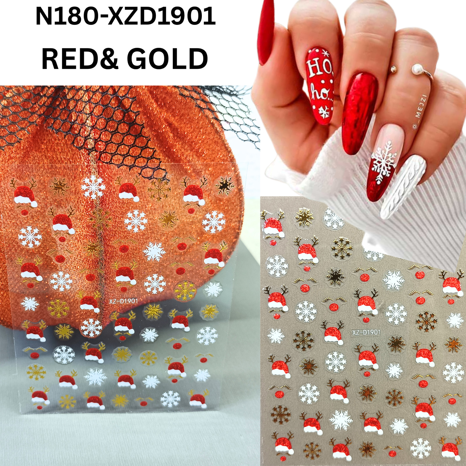 Set of 12 Christmas 3D Nail Decals – Holiday Reindeer, Candy Cane, Santa & Snowf