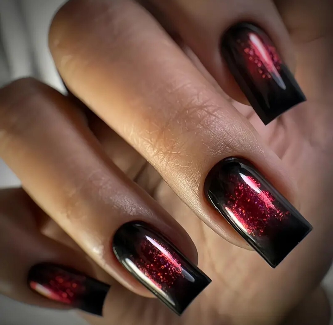 24-Piece Ballet Nail Set – Medium Length Black with Red Aura Glossy Finish Nail