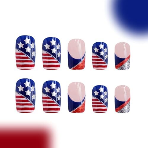 4th of July Press on Nails Medium Square 4th of July & Stars Silver Red Glitter
