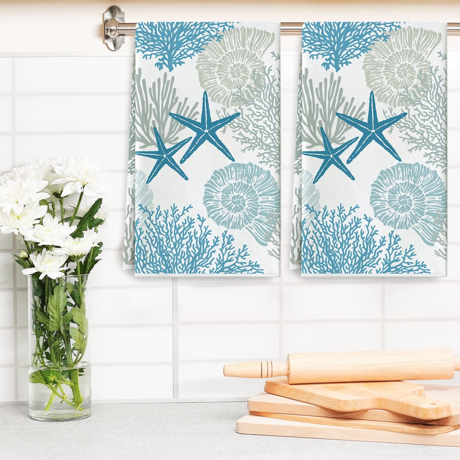 AnyDesign Ocean Theme Kitchen Dish Towel Beach Seashell Coral Starfish Hand D…