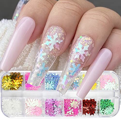 Glitter Nail Art Sequins, 3D Christmas Sparkly Flakes Design, 12 Snowflake