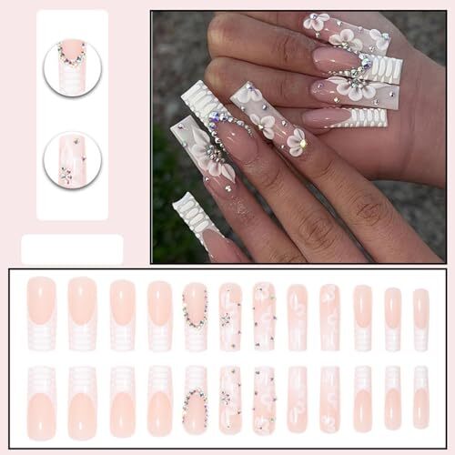 24Pcs Very Long Press on Nails Square Fake Nails Glossy Nude False Nails A7