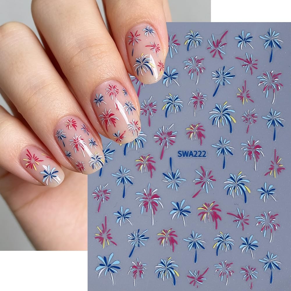 4th of July Fireworks Nail Stickers, Independence Day Nail Decals Blue Red Co…