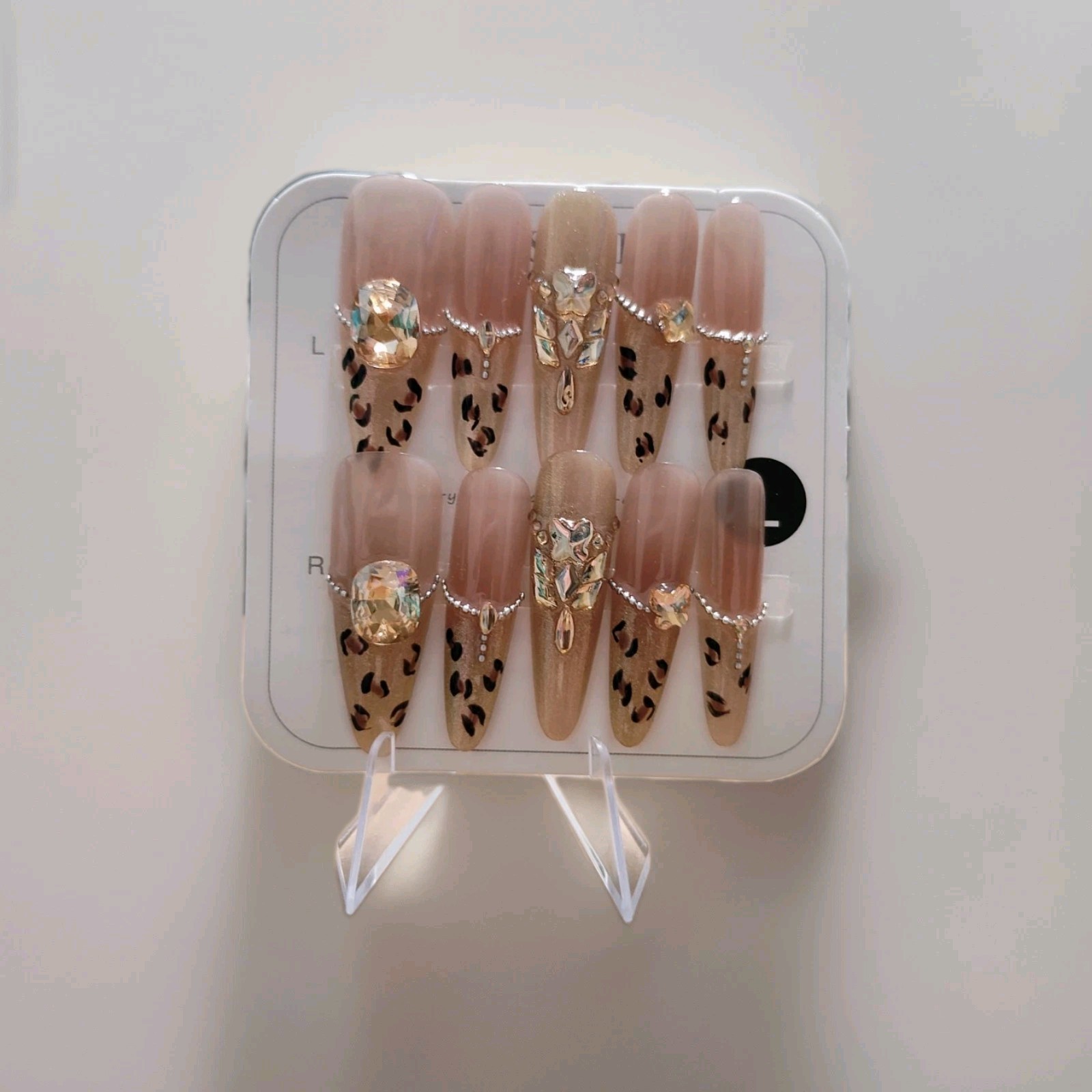Gold Nude Black Long Coffin 3D Leopard Cat Eye Press-On Nails Full Cover