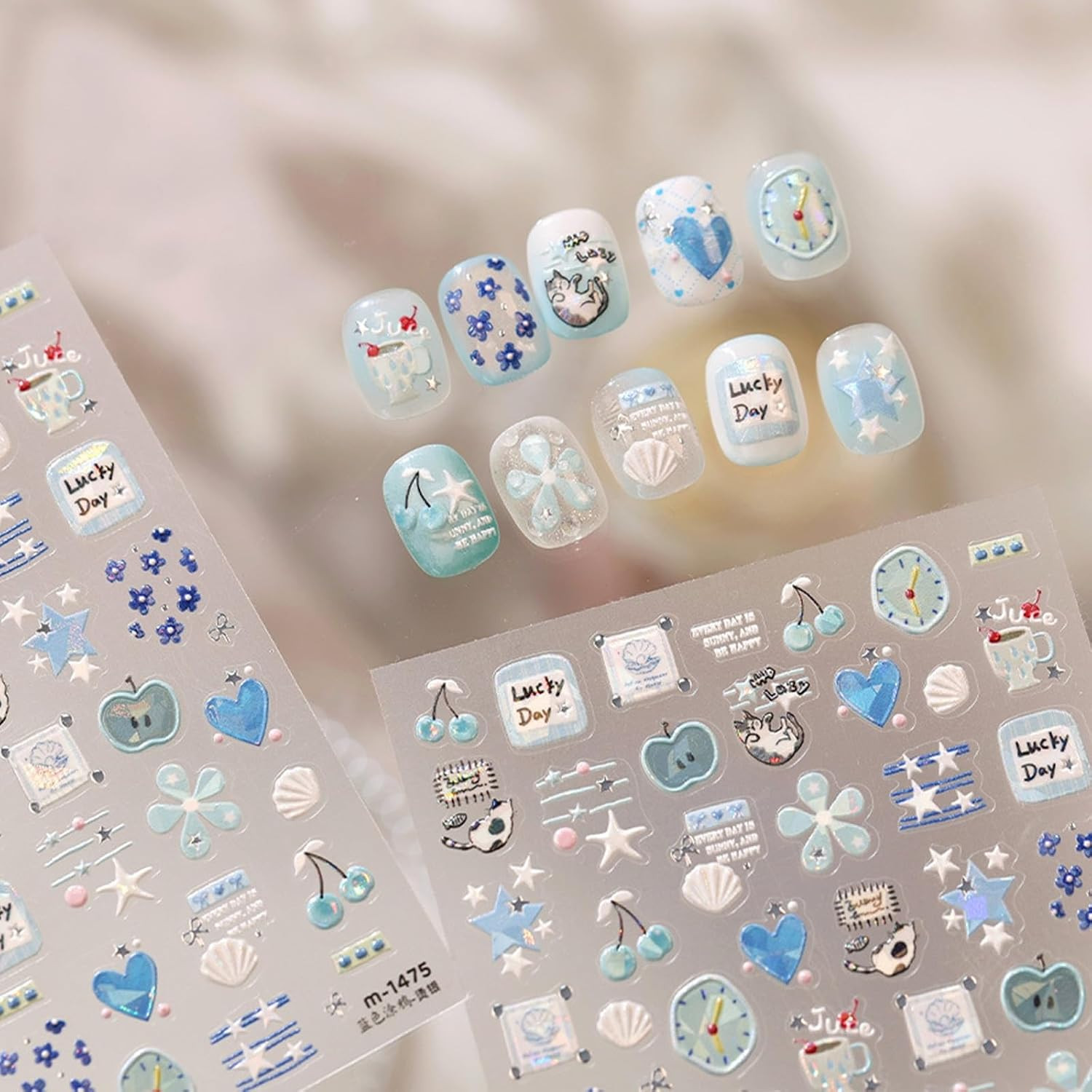 Blue Nail Art Stickers Heart Clock Nail Decals Summer Nail Stickers 1Sheets | Cu