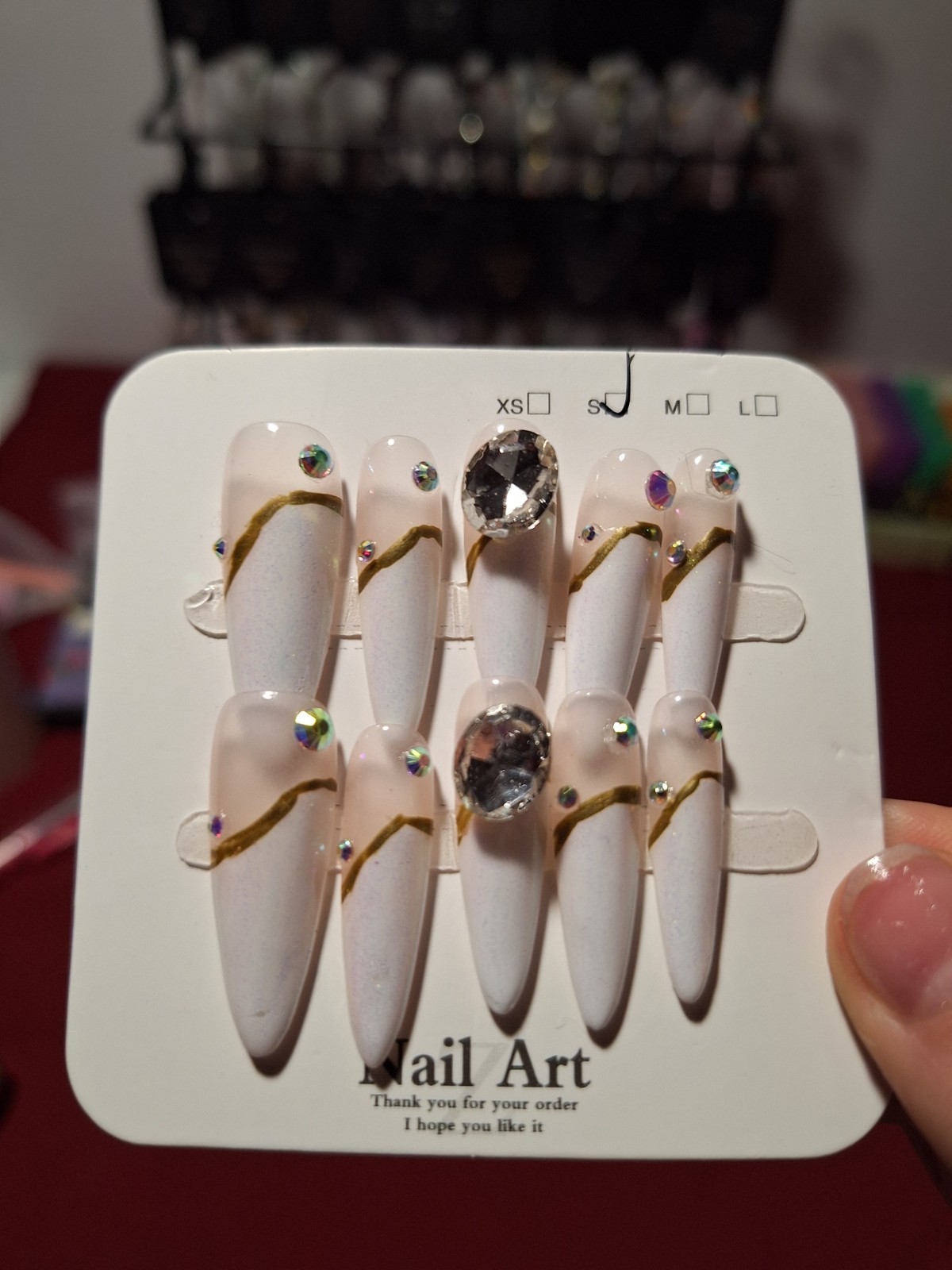 Small Press On Nails White Gold Sparkle Stiletto 3D Shiny Rhinestone Full Cover