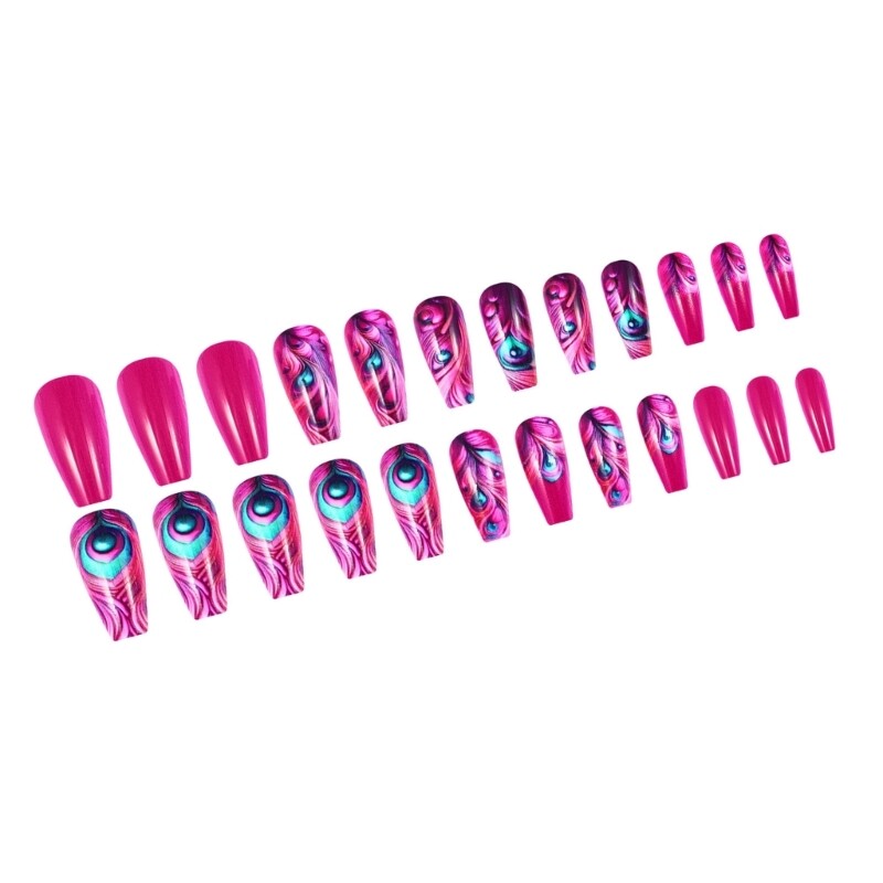 24 Pcs Square False Hot Pink Feathered Design Glossy Finish Press On