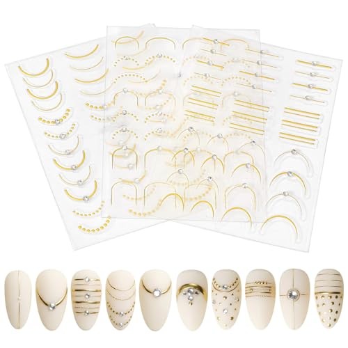 3Pcs French Line Nail Art Stickers Decals/Silver French Stripes Wave Nail Gold