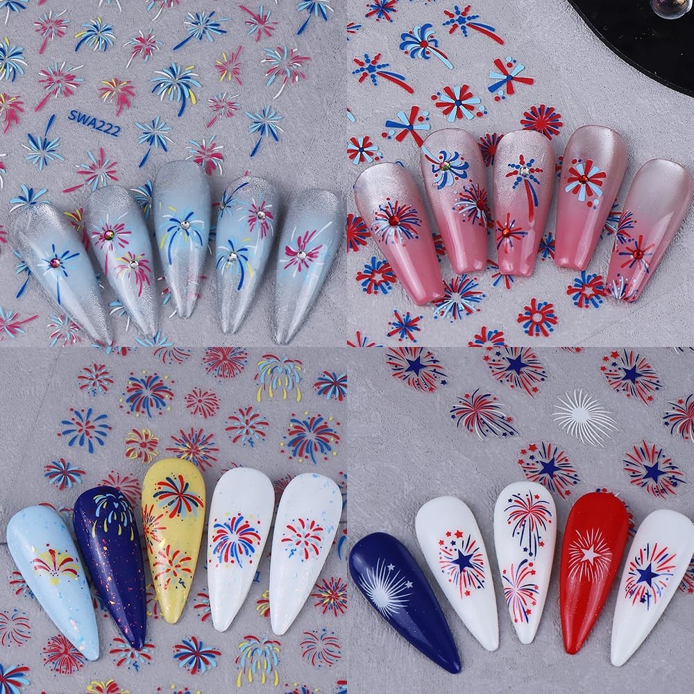 4th of July Fireworks Nail Stickers, Independence Day Nail Decals Blue Red Co…