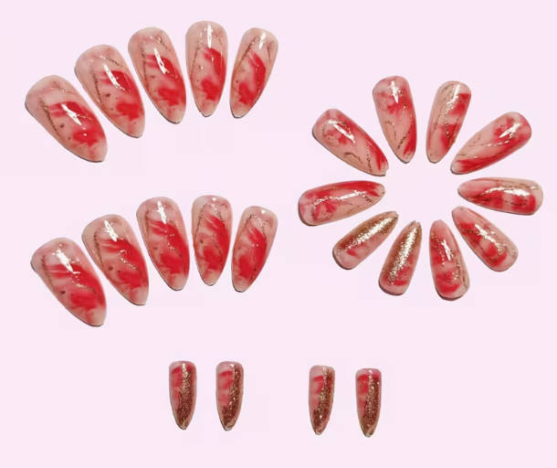24 Pcs Press-on Nails – Medium Almond Glossy – Pink Marble Print w/Gold Glitter