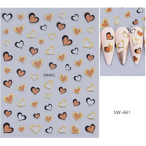 6Sheets Valentines Nail Art Stickers Gold Heart Nail Decals 3D lovely heart