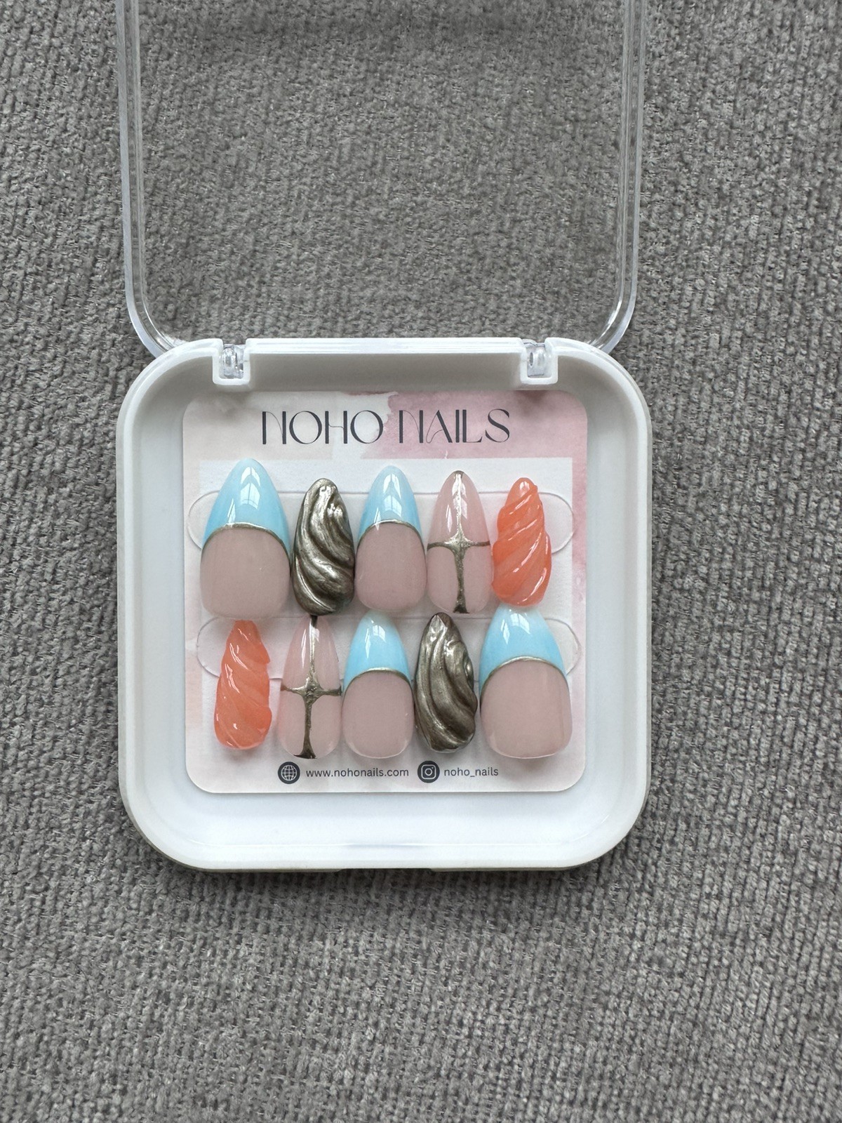 Multicolor 3D Press On Nails Long Almond Orange Blue Silver