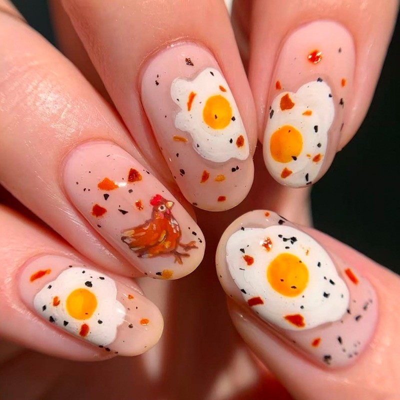 48Pcs-Medium Oval Fried Egg Chicken Food Hand Painted Press on Nails Set