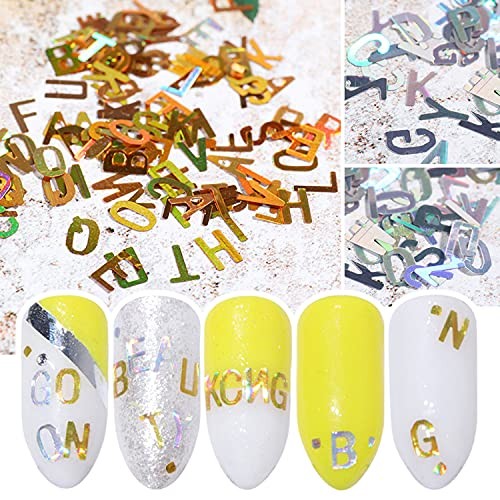 Glitter Nail Art Sequins, Holographic Laser 3D Sparkly Nail Flakes Letters