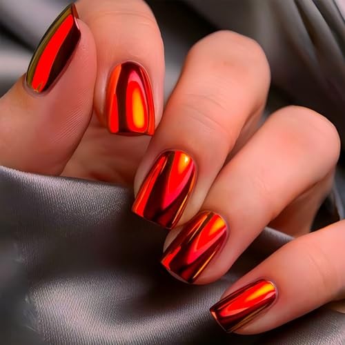 Red Press on Nails Short Square Fake Nails Wine Red Metal Chrome False Style 18