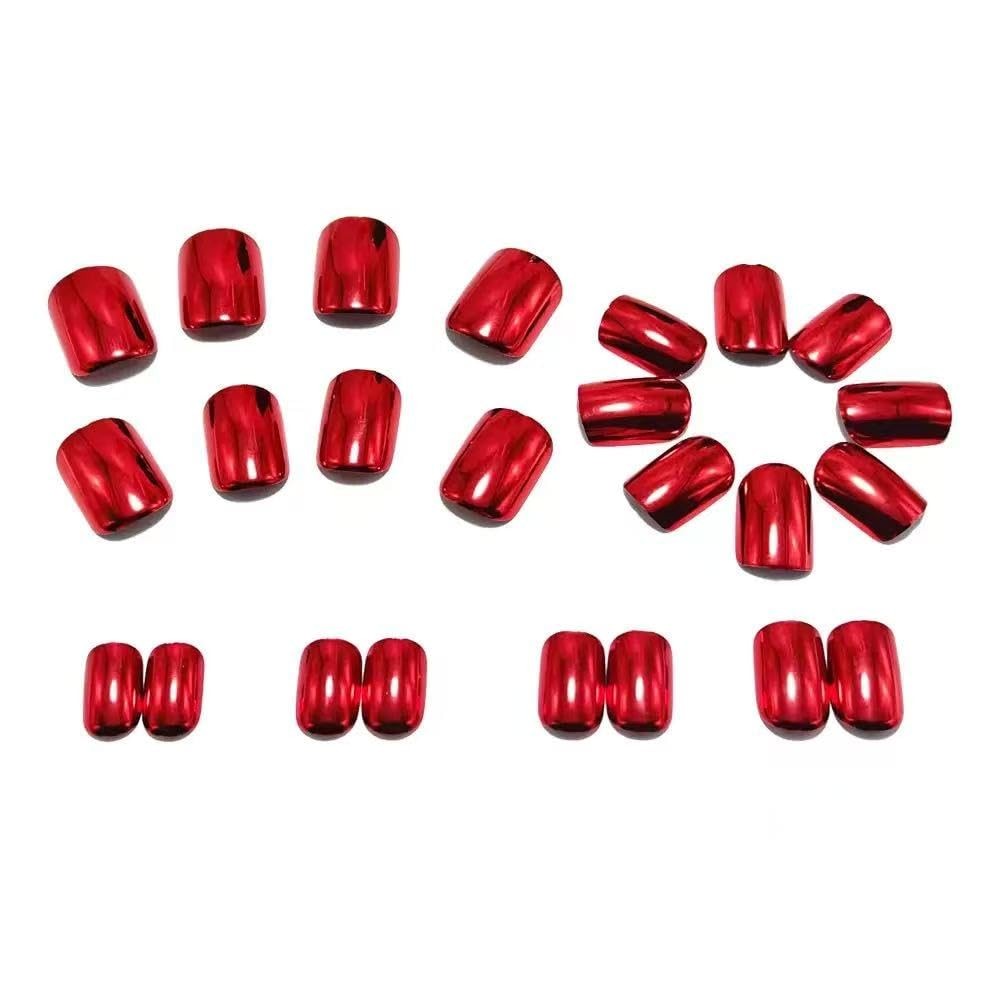 Red Press on Nails Short Square Fake Nails Wine Red Metal Chrome False Style 18