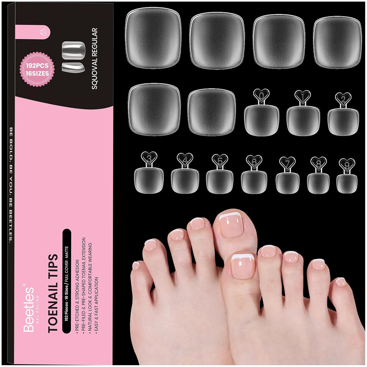 Beetles Toe Nail Tips Square – 16 Sizes 192 Pcs Full Cover Nail Tips Fake Acryli