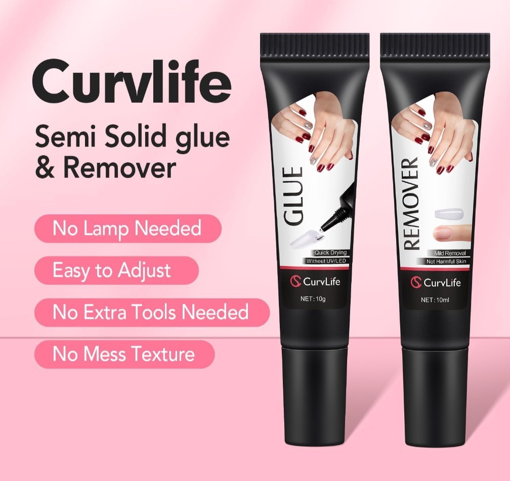 Curvlife Newly Upgraded Quick Drying 10G Semi Solid Nail Glue with 15ml Remover