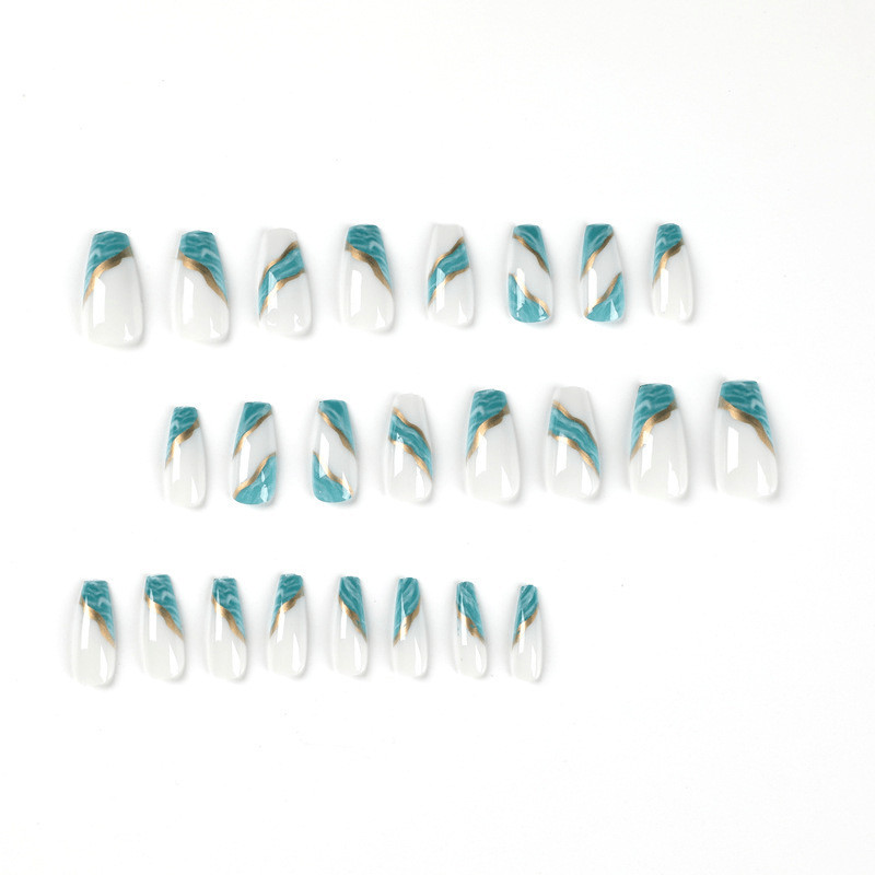 48Pcs-Long Coffin Milky White Base Teal Marble Gold Foil Line Press on Nails
