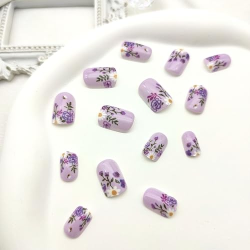 Short Press on Nails Square Fake Nails with French Tip Flower Leaves Designs