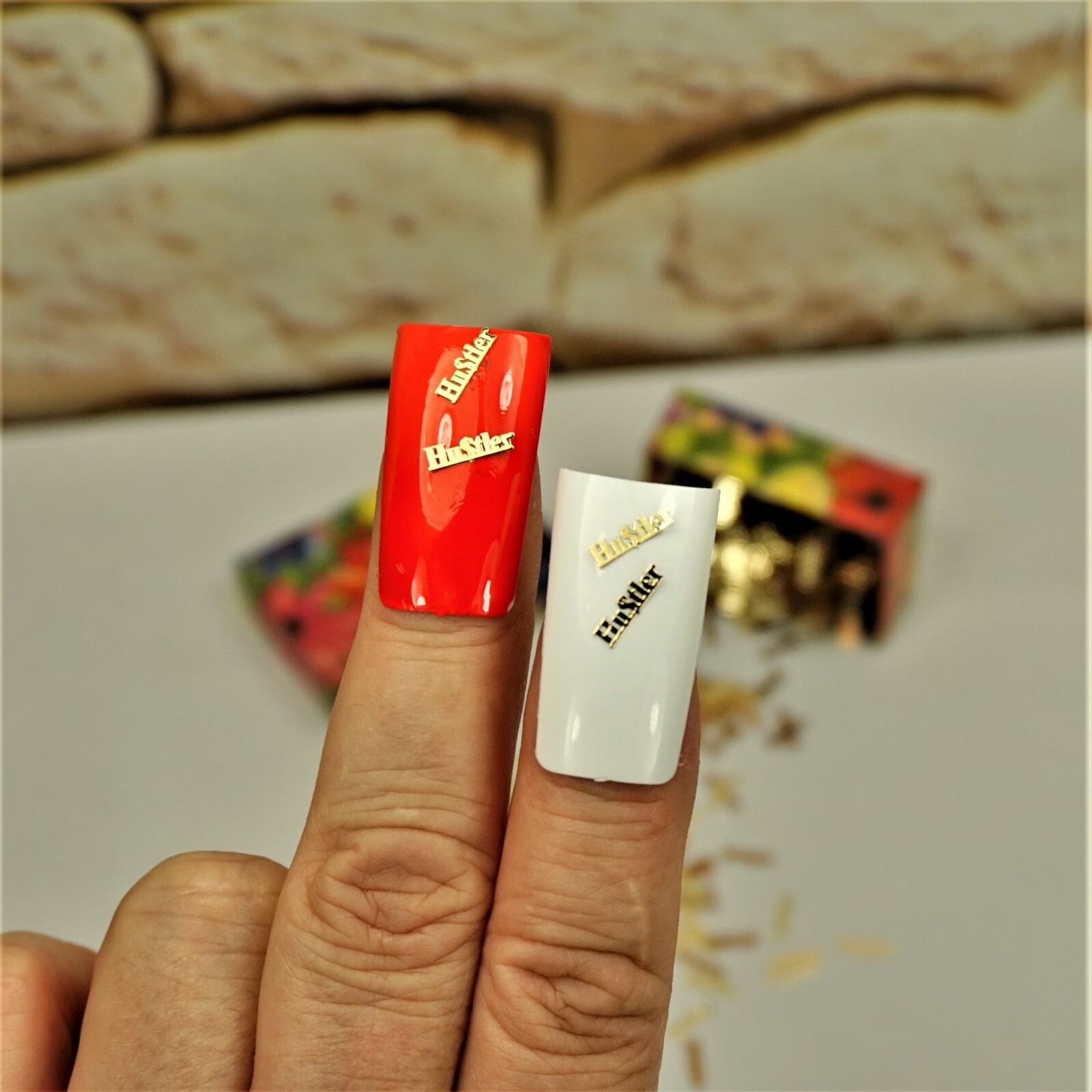 25 GOLD METAL “HUSTLER” NAIL CHARMS NAIL DECALS SMALL GIFT IN BOX FOR WOMEN