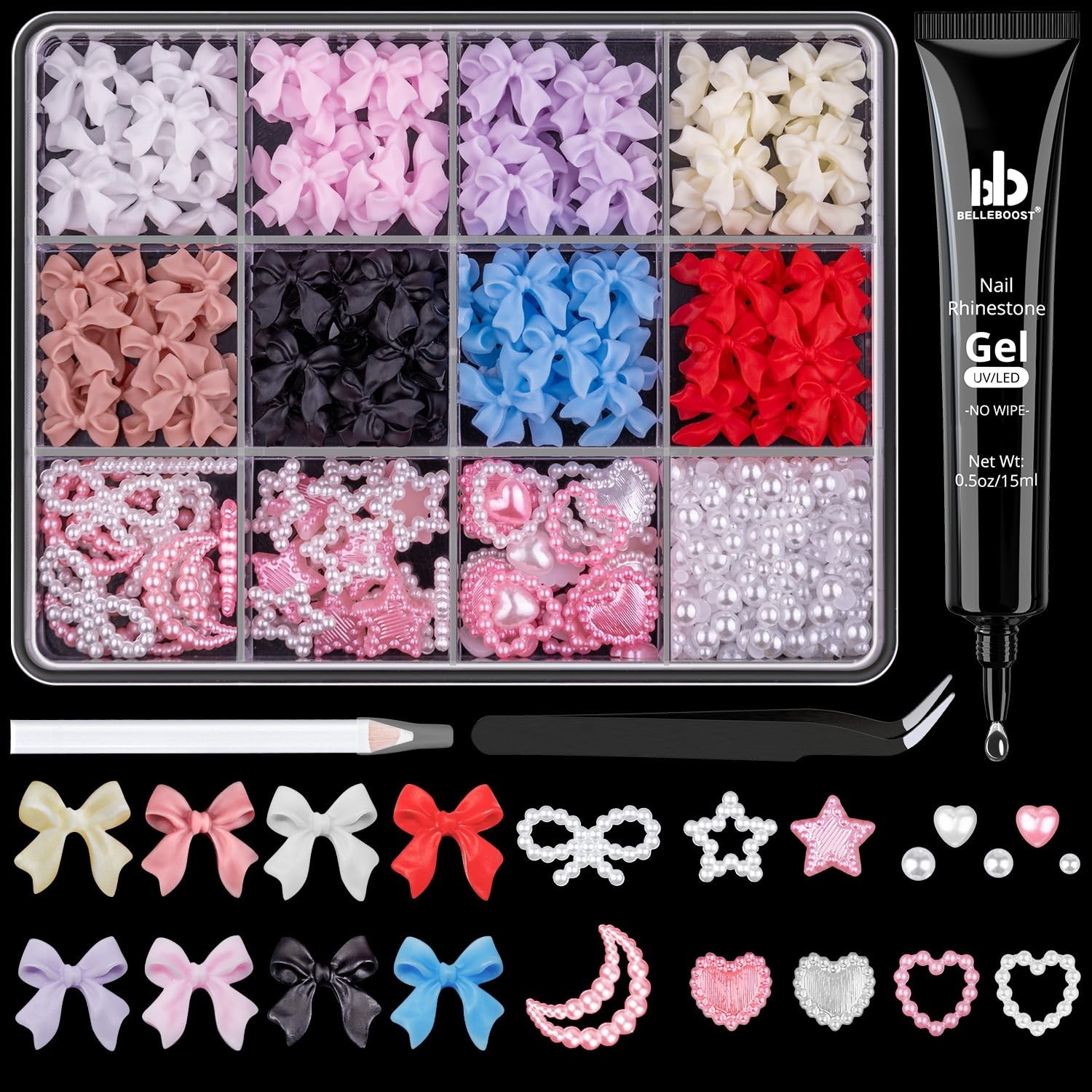 Colorful 600 Pcs Nail Art Set: 3D Charms, Flatback Pearls, No Wipe Glue Included