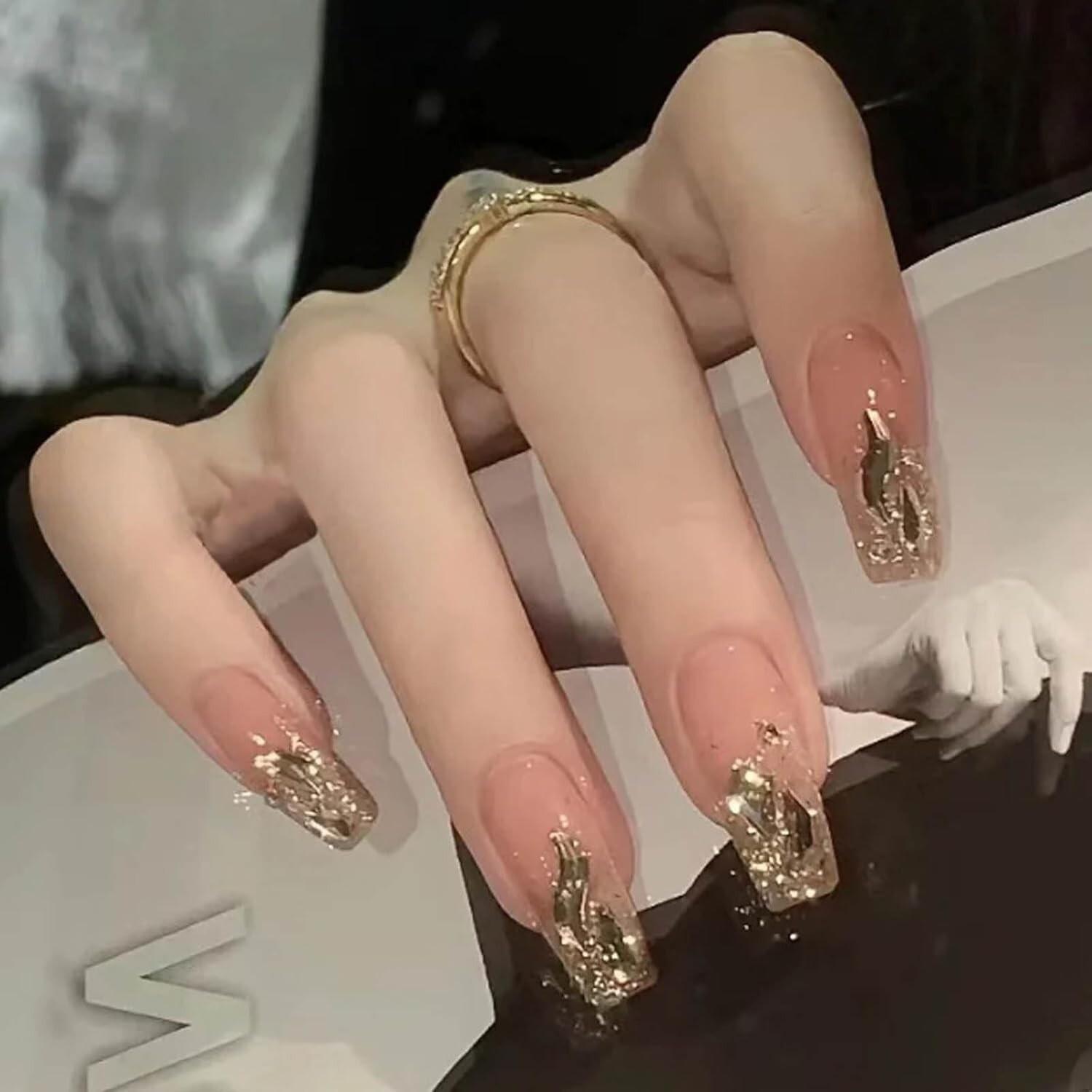 Metal Coffin Fake Nails Gold Yellow Chrome Reflective False Press Extra Long