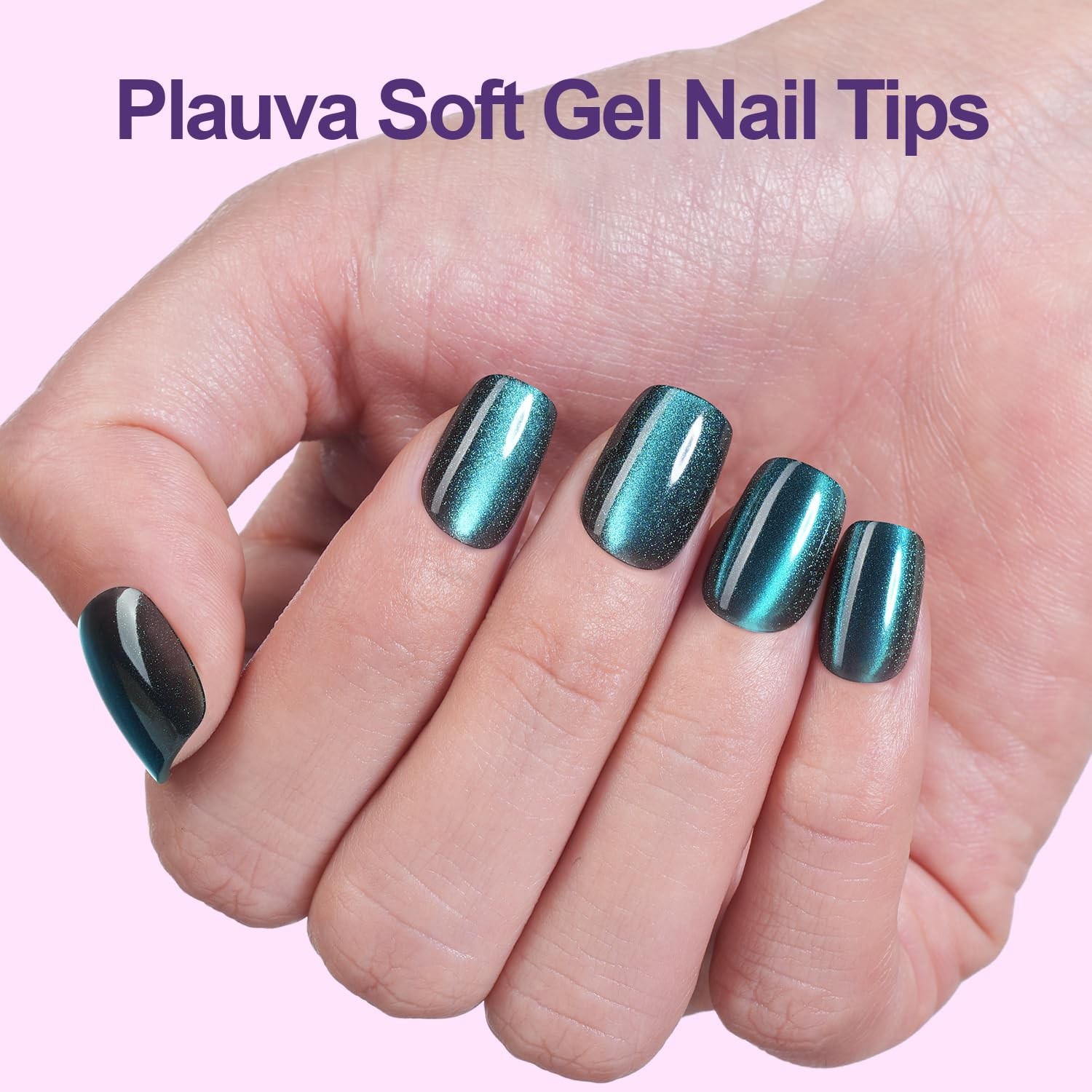 300Pcs Cat Eye Press on Nails Short Square, Plauva Soft Gel Fake Multicolor