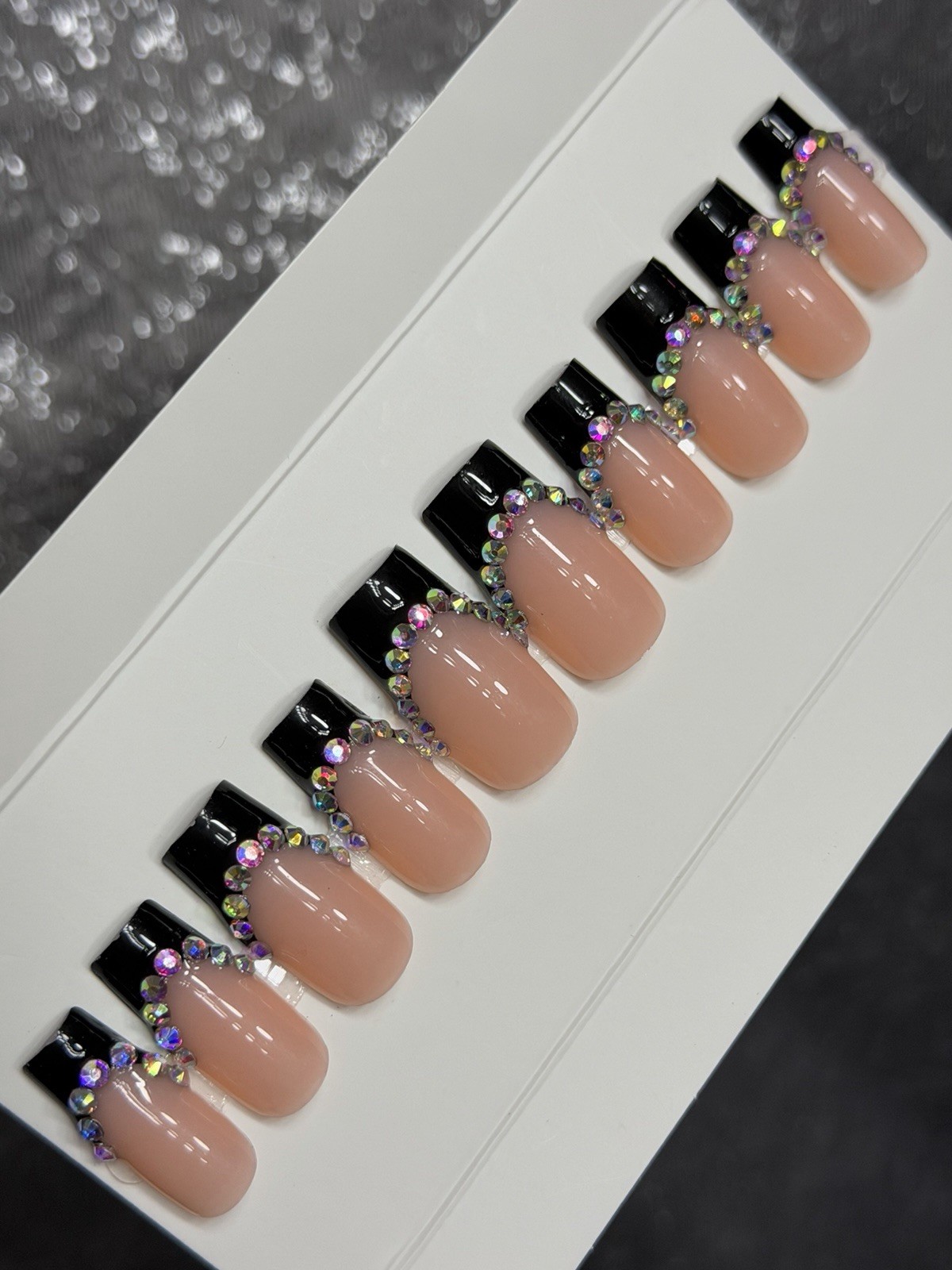 ✨ CUSTOM Press On Nails FRENCH BLACK BLING 10p SET W Kit Size M