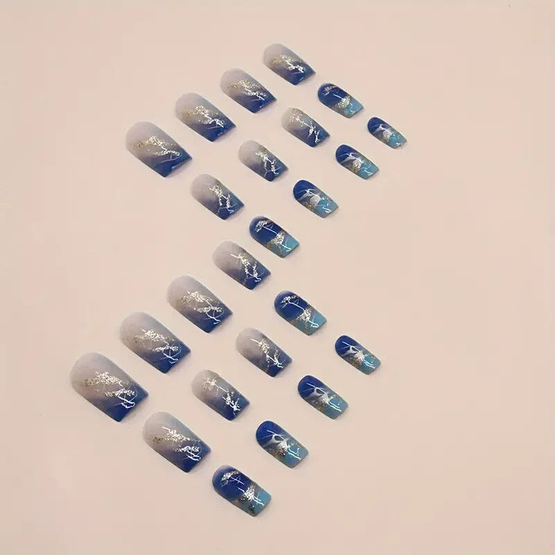 48 Pcs 2 Boxes Short Blue Gradient Press-On Nails Gold Metallic Marble Waves NIB