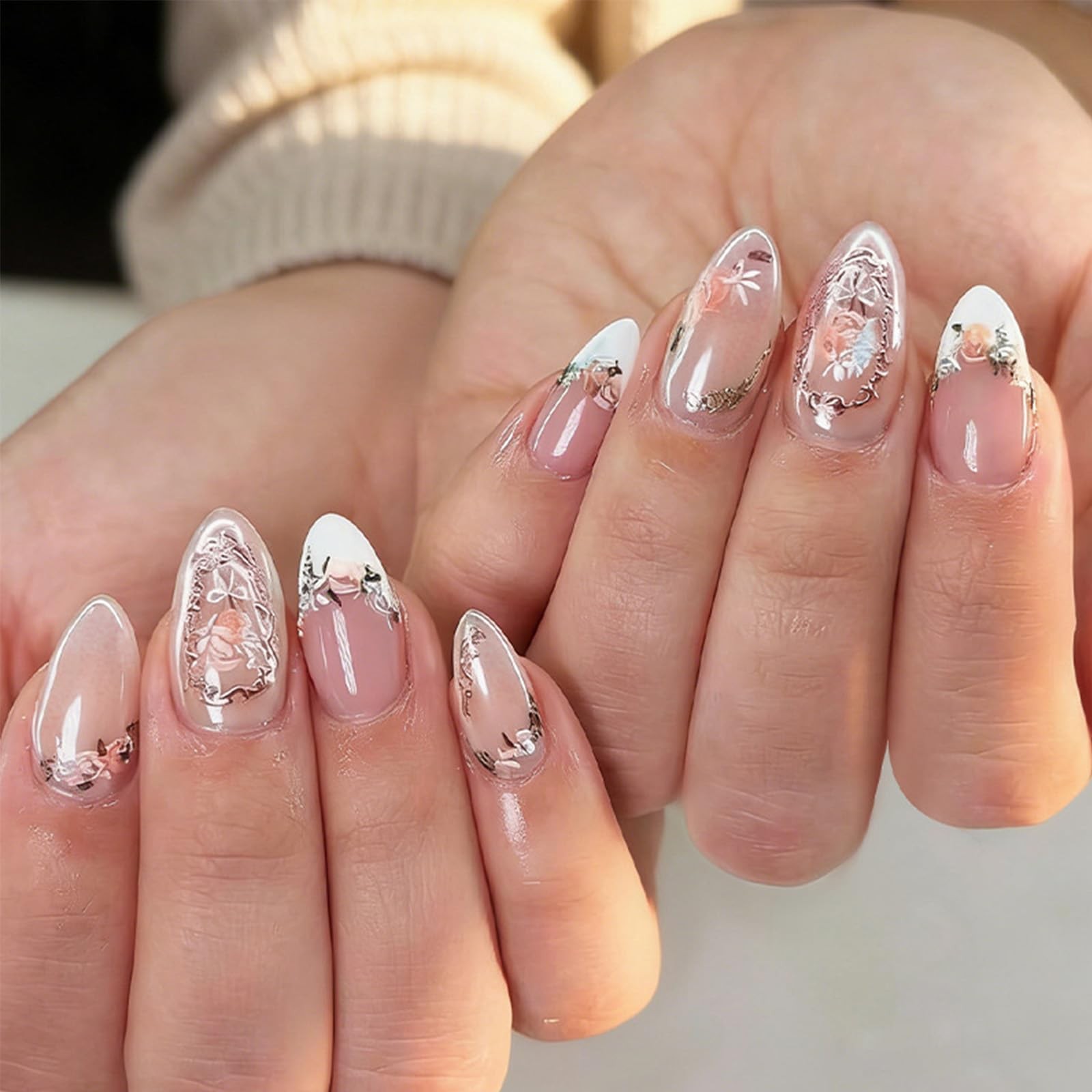 Flower Press on Nails French Tip Medium Almond Fake Nails Pink Glossy Glue on…