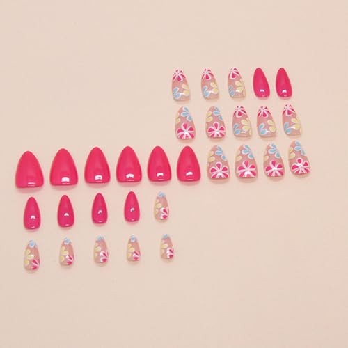 Flower Press on Nails Short Almond Fake Nails Rose Red False Flower Pink-10