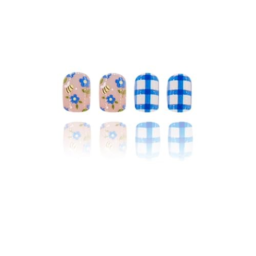 French Tip Press on Nails Cute Bee Flower False Nails Glossy Blue White Check