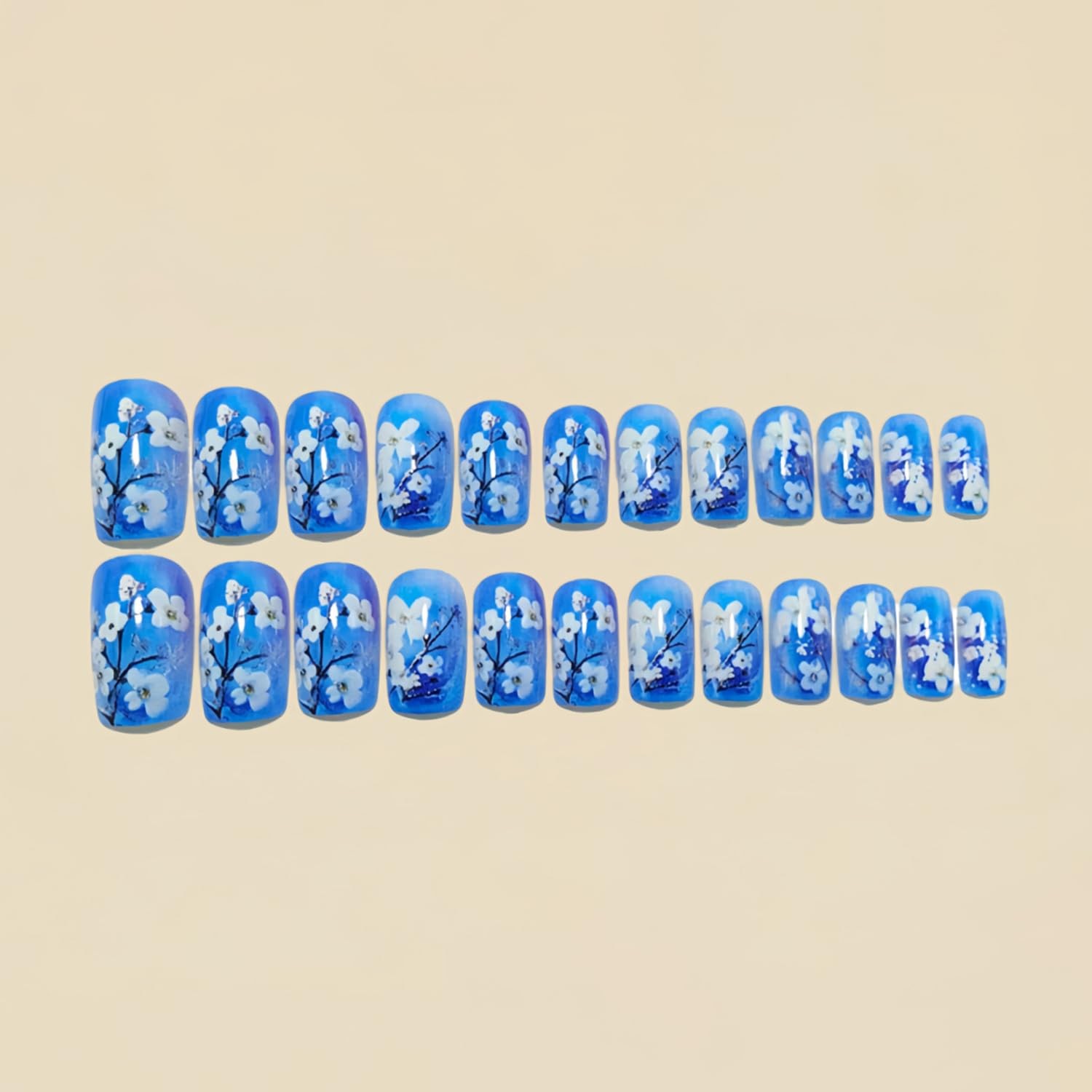 Blue Press on Nails Medium Square False Nails White Flower Design Full Cover Glu