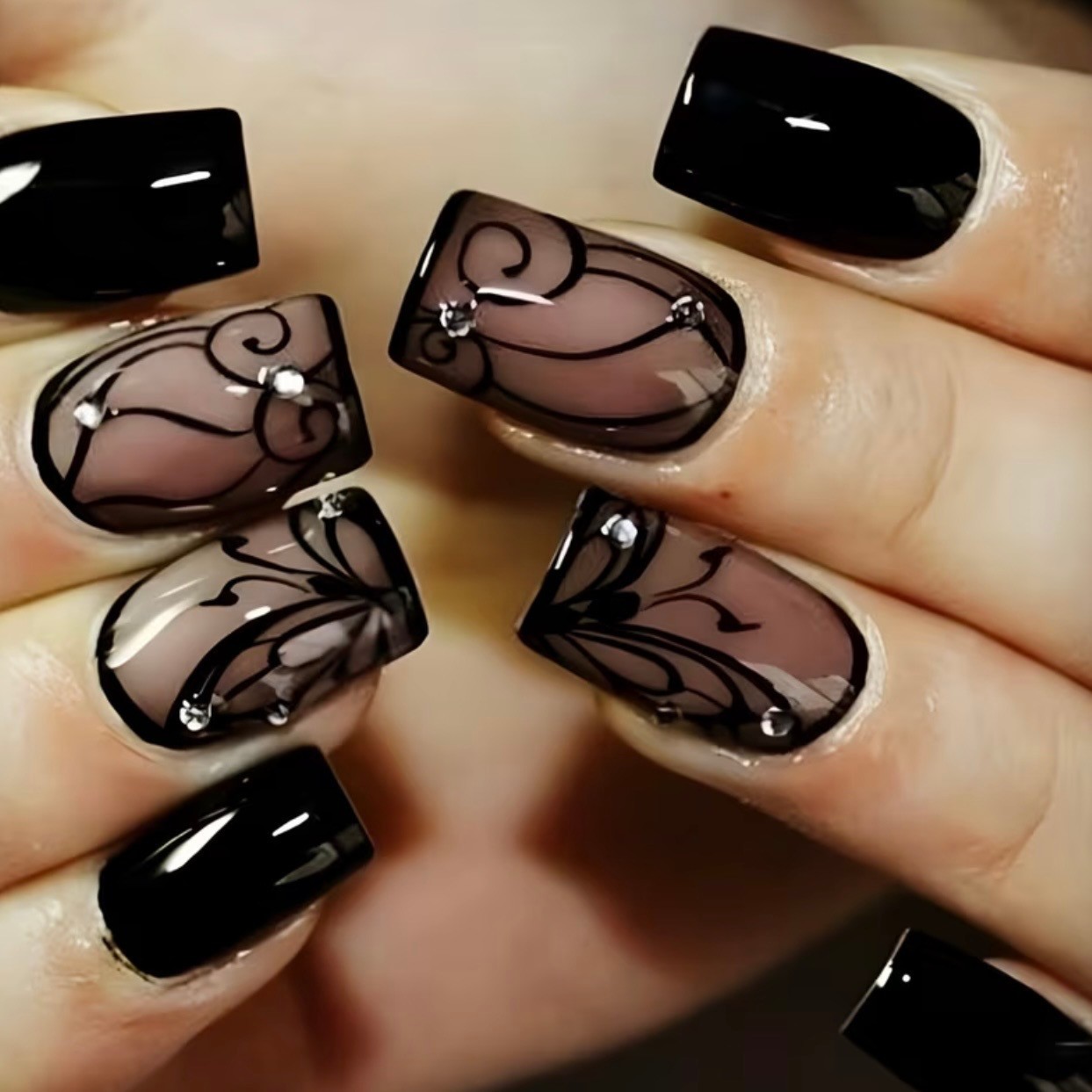 24 pcs Black Swirls on Nude w Rhinestones Medium Length Square Press on Nails