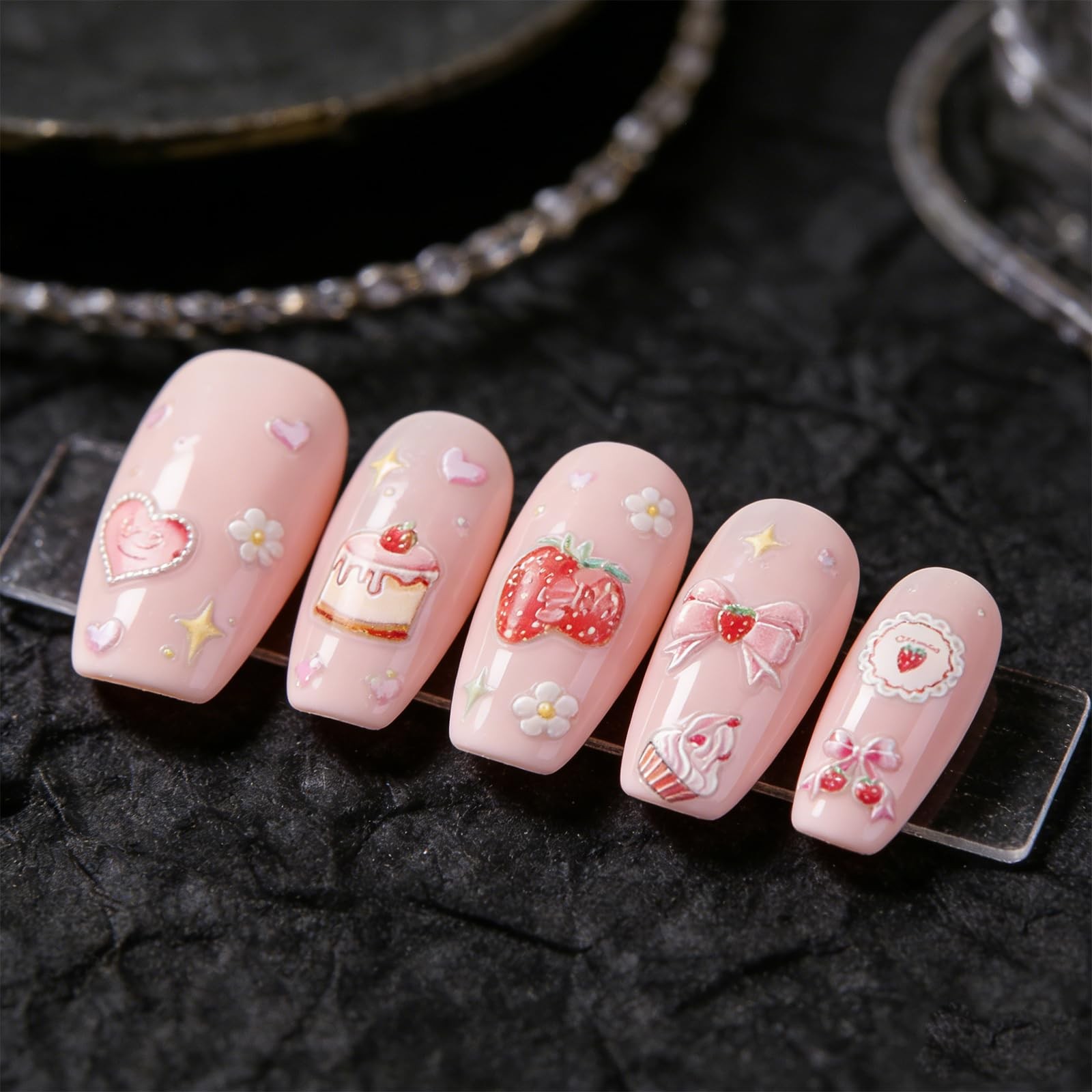 5D Embossed Pink Nail Stickers for Nail Art Cake Strawberry Bow Nail Decals A…
