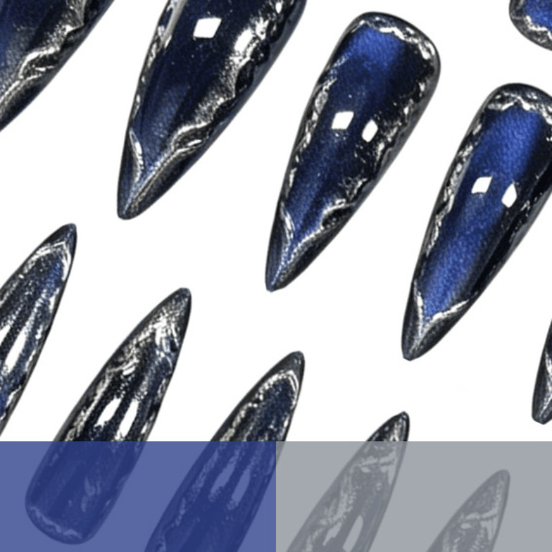 48pcs Stiletto Press on Nails, Royal Blue Mirror Silver Rim Luxury Nails