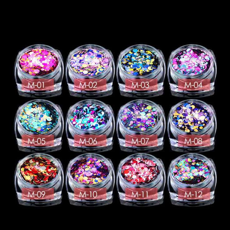 12 Colors Laser Glitter Flakes Round Shape Nail Sequins Nail Art Decoration Tips