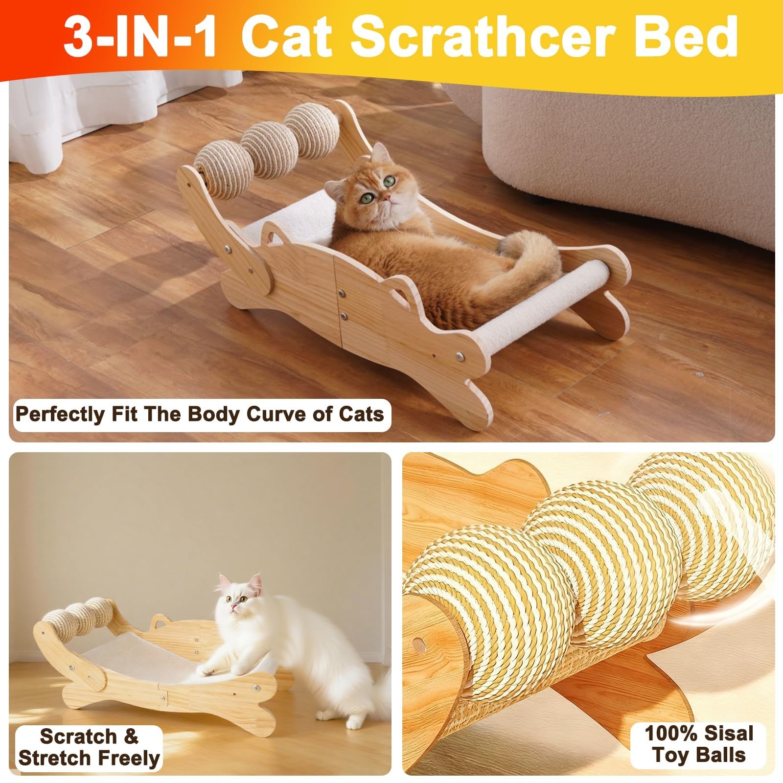 3-in-1 Cat Scratcher Bed for Indoor Cats Sisal Scratcher & Hammock Lounge wit…