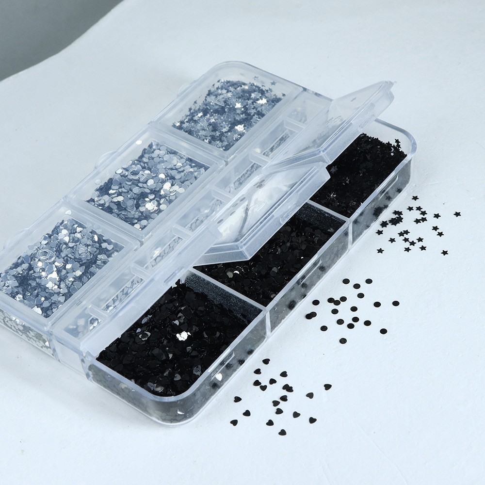 6 Grids 1MM Silver Black Nail Glitter Sequins Heart Star Flakes for Nail Art DIY