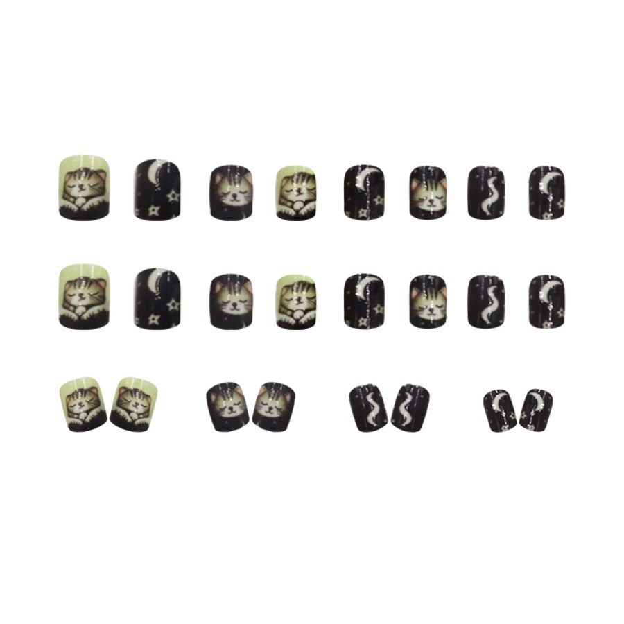 48Pcs-Medium Square Black Green Moon Sleeping Cat Hand Painted Press on Nails