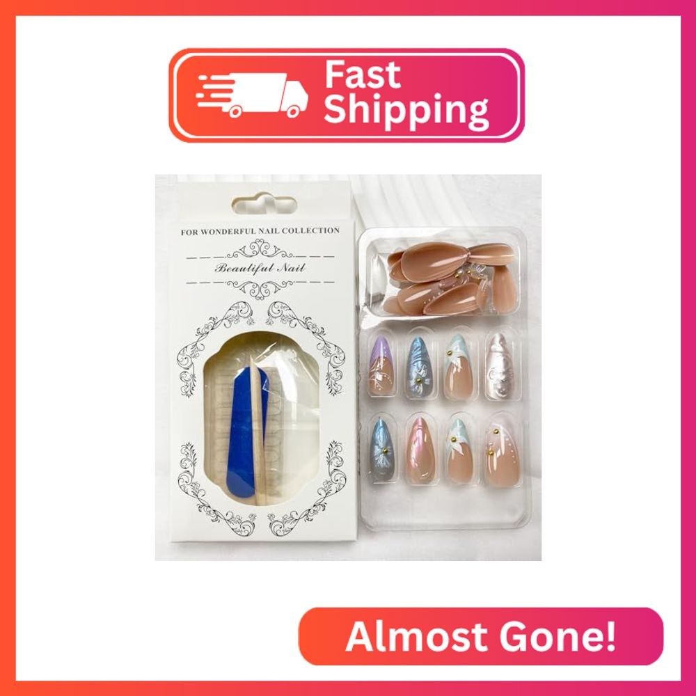 Stiletto Press on Nails Medium Almond Fake Nails French Tip False Nails with Des