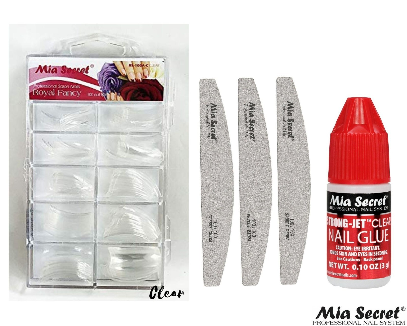 Mia Secret Royal Fancy Tip 100pcs, Nail File 100/100 3pcs, Nail Glue 0.10oz